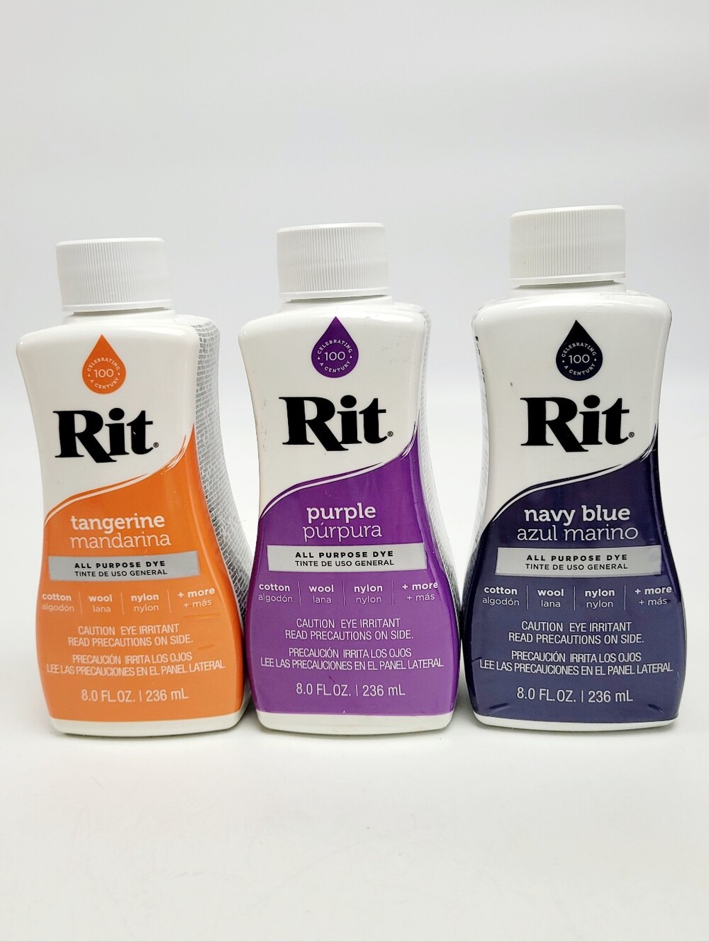 Rit All Purpose Dye 8oz. Lot Of 3 Bottles  Purple, Tangerine & Navy Blue